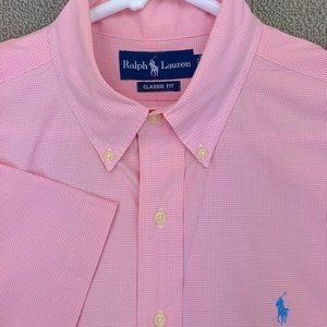 Ralph Lauren Button Up Shirt Mens Large Short Sleeve Pink White Check Blue Pony